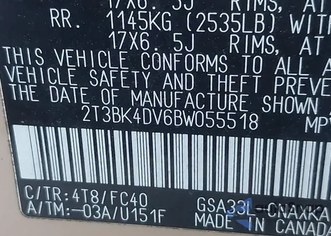 2011 Toyota Rav4 Base V6 из США, поврежденный, VIN 2T3BK4DV6BW055518